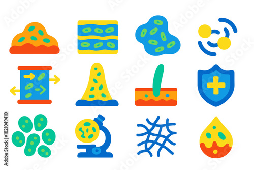 Biofilm Icon Set. Flat vector icons of biofilm communities: microbial mat, layered biofilm, extracellular polymeric substance,