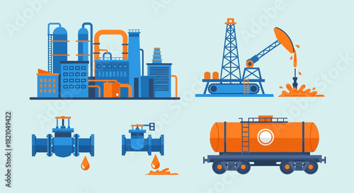 An illustration showing an oil refinery, oil pump, valves, and a tanker car, all related to the oil industry and energy production.