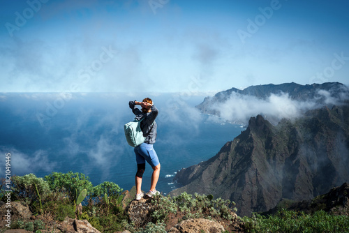 Hiker girl trekking in the Anaga Mountains, Tenerife
