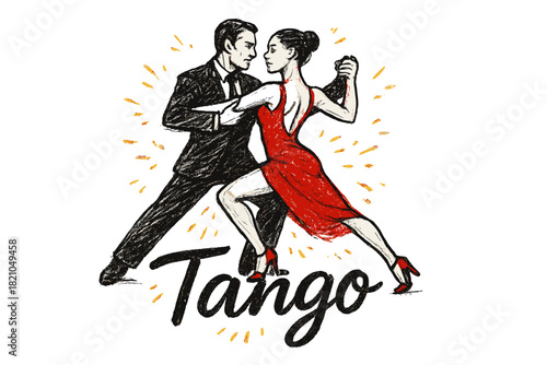Tango Dance Illustration. Hand-drawn tango couple in black and red with golden sparks, center word “Tango”, isolated transparent