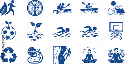 Blue silhouette icons for sports and nature on a transparent background running cycling