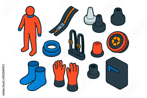 Underwater Diving Gear. Isometric vector illustration set Underwater diving gear – thermal undersuit, drysuit zipper, seals; glove