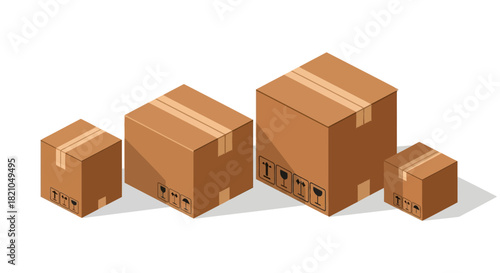 Four cardboard boxes of varying sizes are arranged on a white surface, casting shadows, with shipping symbols printed on some.