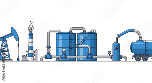 Illustration of an oil extraction and processing plant with a pumpjack, flare stack, storage tanks, and a tanker truck.