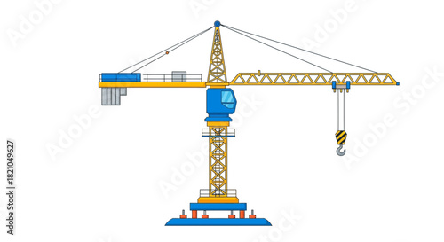 Illustration of a yellow and blue construction crane with a hook, cables, and a cabin, isolated on a white background.