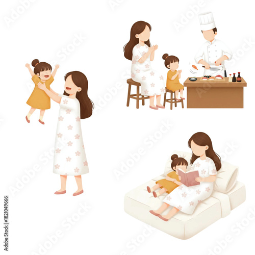 Mother's Day Bundle Edition #6—Lift a Little Girl, Sushi Attracktion, and Story Before Sleep. Crayon Illustration. Design Element. Clip art. Suitable for artwork design.