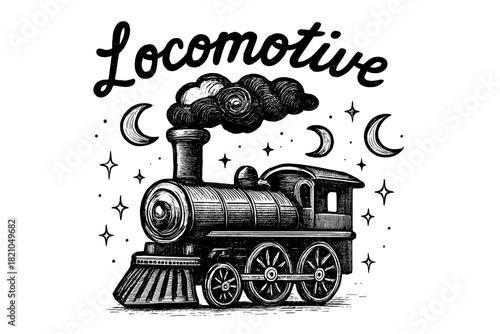 Whimsical Locomotive Design. Hand-drawn locomotive with moons, smoke, and sparkles, center word “Locomotive” in black and white