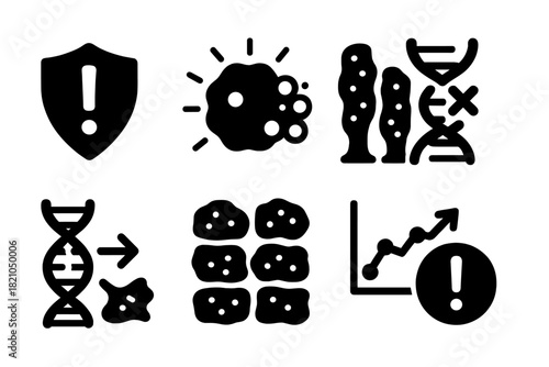 Zombie Cell Icons. Solid style icons of cancer link in zombie cells: mutation alert badge, tumor + senescence icon, unregulated