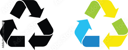 A colorful and monochrome depiction of the universal recycling symbol is presented