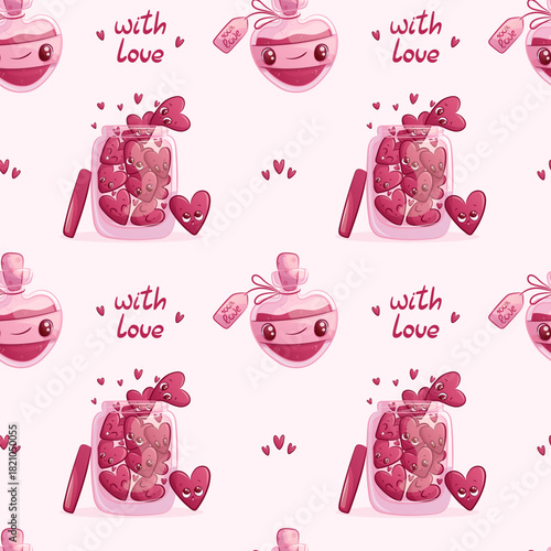 Seamless pattern with a bottle of love potion and a jar of hearts on a pink background. The concept of love, Valentine's Day. Vector illustration for the design of postcard, textile, banner, poster