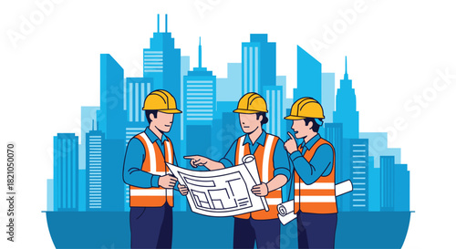 Dynamic construction team reviewing blueprints against a modern city skyline, planning progress and engineering solutions for urban development projects