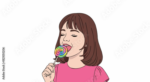 A young girl enjoys a colorful lollipop with her eyes closed.