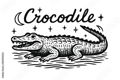 Crocodile with Moons. Hand-drawn crocodile with moons, river, and sparkles, center word “Crocodile” in black and white isolated