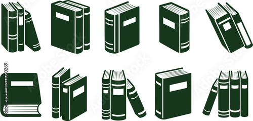 Book Icons Set Dark Green Silhouette On transparent Background books library