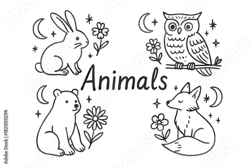 Seasonal Animals Art. Hand-drawn seasonal animals with moons, sparkles, and flowers, center word “Animals” in black and white