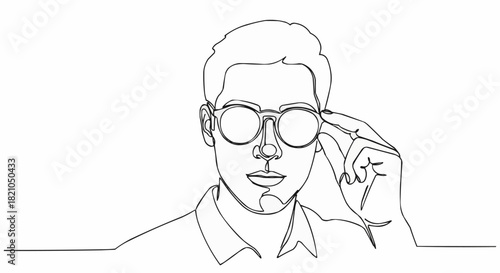 Continuous Line Drawing of a Man with Glasses Adjusting Them.