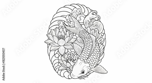 Detailed Koi Fish and Lotus Flower Tattoo Design.