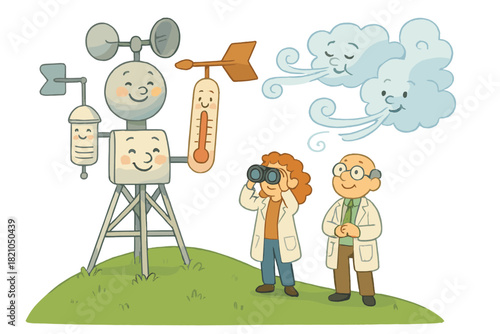 Cheerful Weather Station. Weather station on a hill with smiling instruments, playful winds, and cheerful scientists watching the