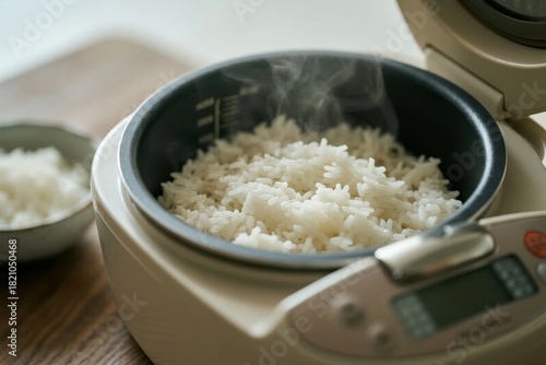 Steaming white rice in an electric rice cooker on a wooden surface