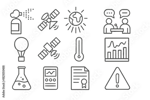Climate Tech Icons. Line style icons of Climate Technology: Aerosol Injection, Solar Reflector, Global Temperature, Ethical Debate