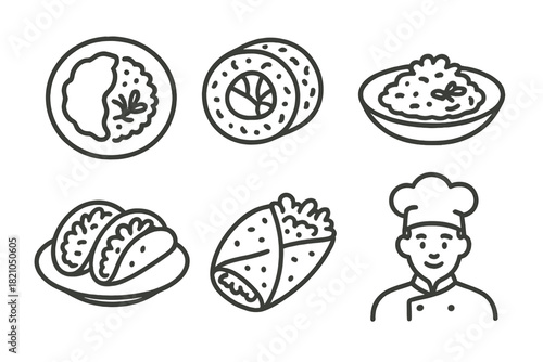 Cuisine Icons Collection. Line style icons of modern uses in cuisine: fusion dish icon, grain sushi roll, gourmet grain risotto,