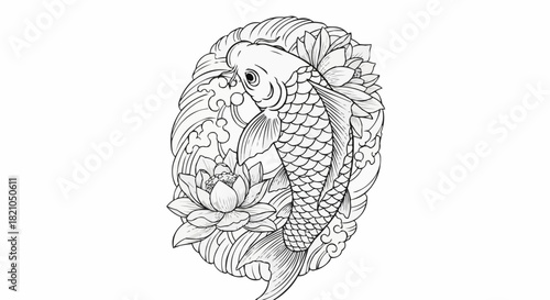 Elegant koi fish gracefully swimming amidst lotus flowers in serene artwork.
