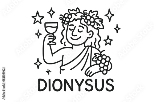 Dionysus Doodle Delight. Doodle dionysus with stars, grapes, and sparkles, center word “Dionysus” in black and white isolated