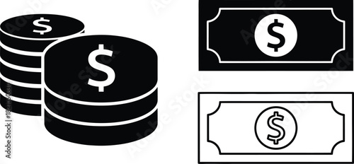 Black and white illustration depicting stacks of coins and dollar bills