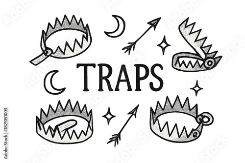Spiked Traps Design. Hand-drawn spiked traps with moons, arrows, and sparkles, center word “Traps” in black and white isolated