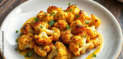 Golden-brown roasted cauliflower florets, herbs, mustard drizzle,   culinary,  food