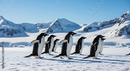 Group of Adelie penguins walking across a snowy landscape with snow-covered mountains in the background