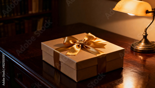 Single, perfectly wrapped gift box with silk ribbon