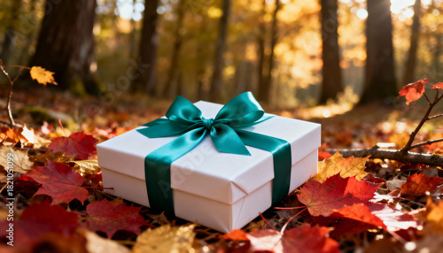 Single, perfectly wrapped gift box with silk ribbon