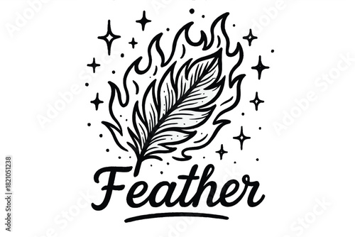 Phoenix Feather Doodle. Doodle phoenix feather with stars, flames, and sparkles, center word “Feather” in black and white isolated