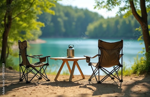 Two empty camping chairs and table sit on sandy shore beside clear blue lake. Forest trees border calm water, providing natural shady area for outdoor relaxation and peaceful leisure.
