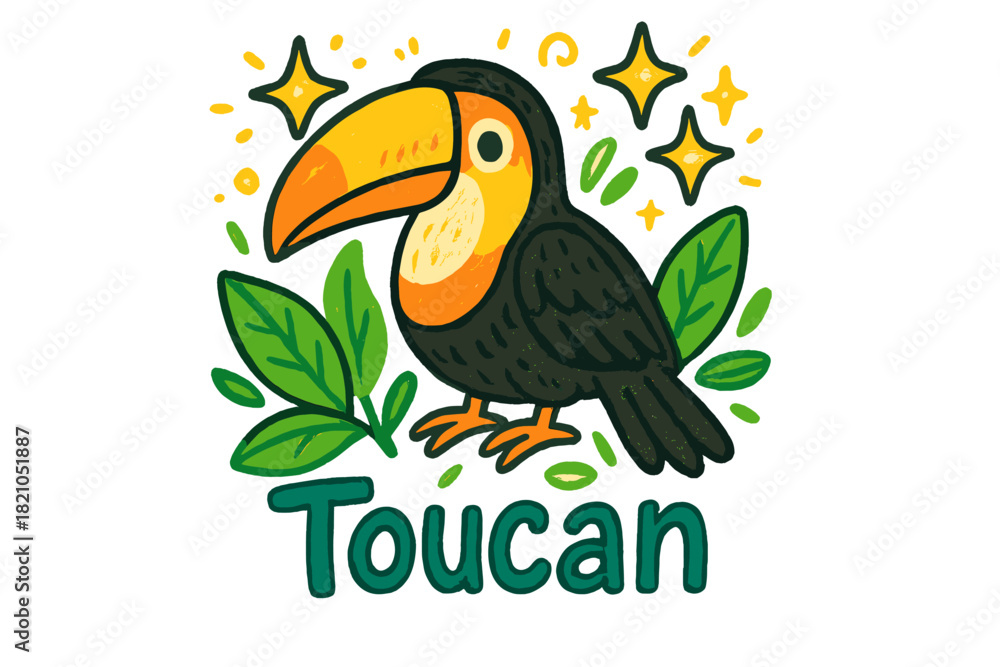 Fototapeta premium Colorful Toucan Doodle. Colorful doodle toucan with black wings, orange-yellow beak, bright green leaves, and glowing stars,