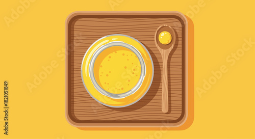 Delicious golden soup served in a bowl with wooden spoon on rustic tray, perfect for healthy eating promotion and food blog content