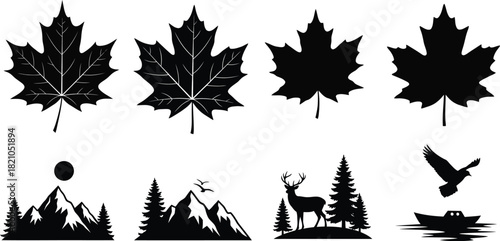 Black silhouettes of maple leaves mountains deer and a soaring bird