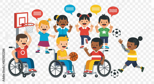 Diverse children enjoy sport together including wheelchair basketball and soccer with prosthetics