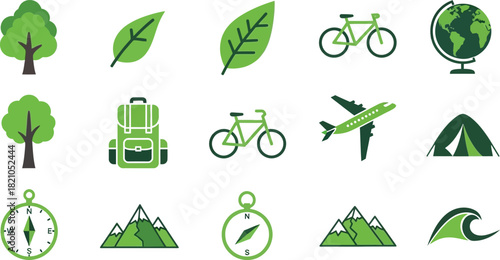 Nature and Travel Icons with Trees, Bikes, and Mountains leaves