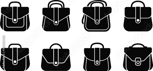Collection of black handbag icons in various shapes and styles displayed