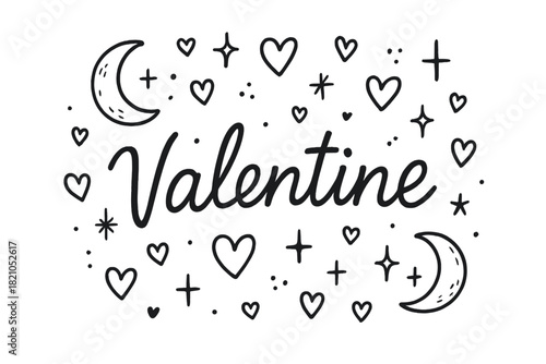 Valentine's Moonlit Hearts. Hand-drawn valentines day with moons, hearts, and sparkles, center word “Valentine” in black and white
