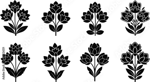 Black and white floral patterns displaying a symmetrical botanical arrangement