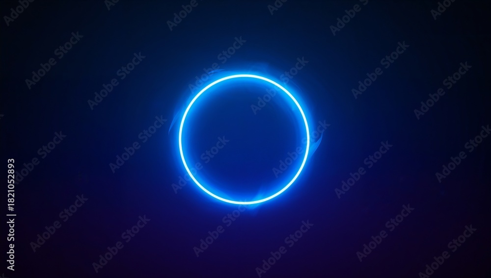 Obraz premium Glowing neon blue ring floating on deep navy purple gradient, emitting soft halo and faint wisps