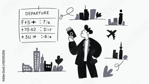 A curious traveler holding a passport and looking at a globe representing global exploration and adventure with a focus on international journeys and discovery