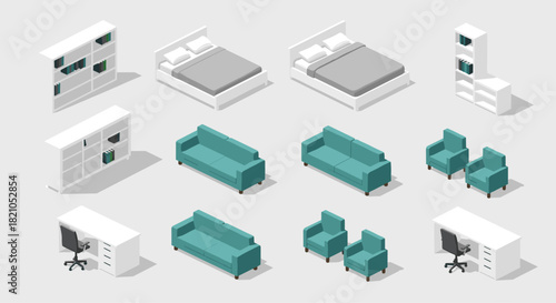 Isometric furniture set for interior design projects, including beds, sofas, chairs, desks, and bookshelves for a modern home decor concept