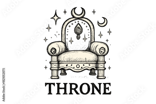 Sultan's Jewel-Encrusted Throne. Hand-drawn sultan throne with moons, jewels, and sparkles, center word “Throne” in black and