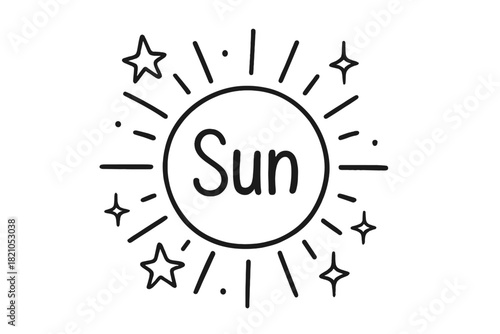 Sun with Stars Doodle. Doodle the sun with stars, rays, and sparkles, center word “Sun” in black and white isolated transparent