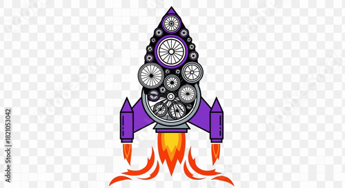 Creative rocket ship illustration composed of bicycle wheels and mechanical gear imagery
