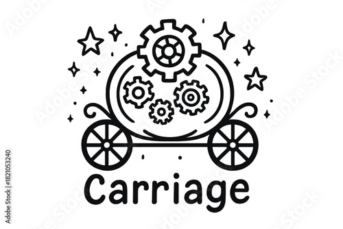 Doodle Gear Carriage. Doodle gear-driven carriage with stars, wheels, and sparkles, center word “Carriage” in black and white